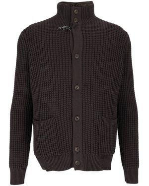 Fay Waffle Knit High Collar Cardigan - Black