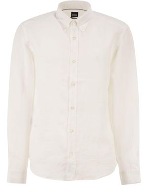BOSS Pure Linen Regular Fit Shirt With Button-Down Collar - White