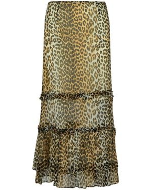 Ganni Falda larga en Viscose 'Chiffon' con estampado de leopardo - Verde