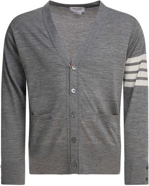 Thom Browne Classic gegen Neck -Strickjacke in feiner Merinowolle mit 4 Barstreifen - Grau