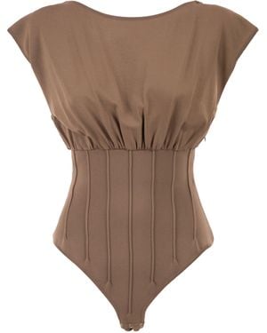 Elisabetta Franchi Knit Bodysuit With Deep Neckline And Jewel Detail - Brown