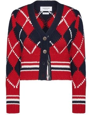 Thom Browne Argyle Jersey Intarsia Shrunken V Neck Cardigan aus grober Merinowolle mit RWB-Streifen - Rot