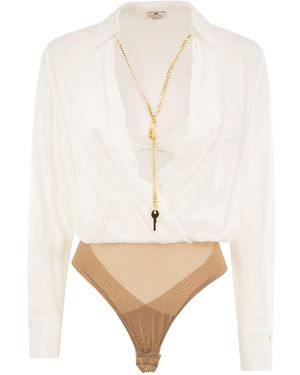 Elisabetta Franchi Voile Shirt Bodysuit With Jewel Necklace - Natural