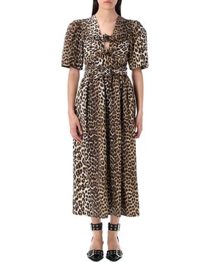 Ganni Leopard Printed Tie Strap Midi Dress - Brown