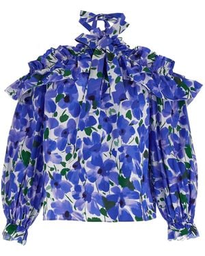 Carolina Herrera Floral-Print Off-The-Shoulder Top With 3D Ruffle Details - Blue