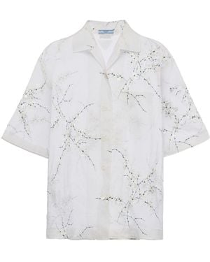 Prada Floral-Embroidered Short-Sleeved Sheer Shirt - White