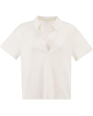Majestic Cropped Linen Stretch Polo With V-Neck - White