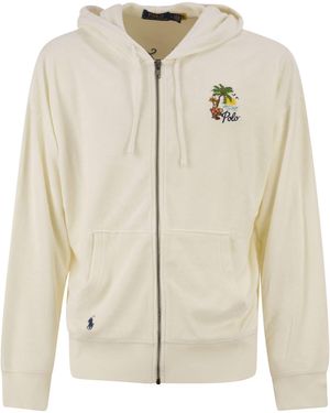 Polo Ralph Lauren Cotton Blend Zip Hoodie With Tropical Embroidery - Natural