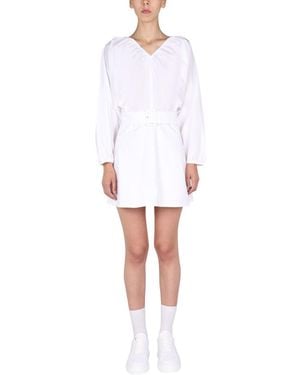 Patou Solid V Neck Mini Dress - White