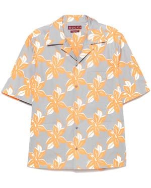 Gucci Graues Oranges Baumwollhemd Mit Blumenmuster - Weiß