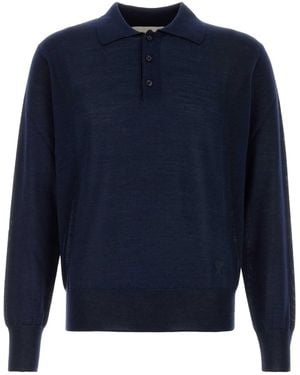 Ami Paris Dark Wool Blend Polo Shirt - Blue