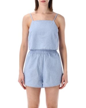 American Vintage Feoly Lace-Trim Cotton Top - Blue