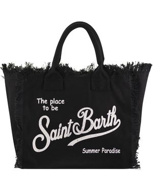 MC2 Saint Barth Bolso tote de lona de algodón con logo de Saint Barth y ribetes de flecos - Negro