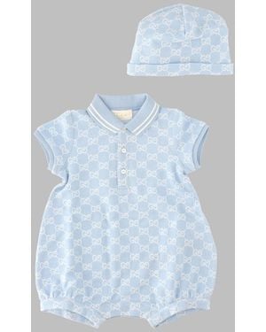 Gucci Cotton Baby Set With Mini Romper And Cap - Blue