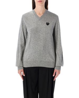 COMME DES GARÇONS PLAY Wool V-Neck Jumper With Heart And Crystals - Grey