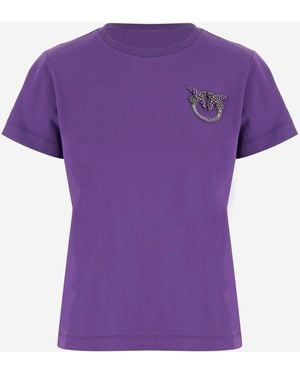 Pinko Cotton T Shirt With Love Birds Jewel Embroidery - Purple