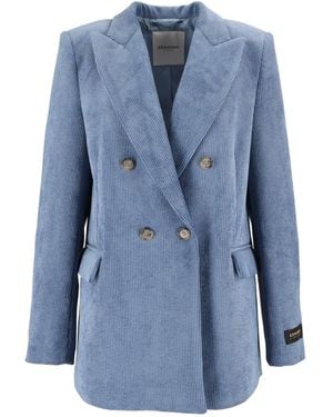 Ermanno Scervino Corduroy Double-Breasted Wide Lapel Flap Pocket Blazer - Blue