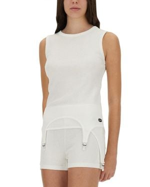 Jean Paul Gaultier Sleeveless Ribbed Knit Top With Garter Hem Detail - White