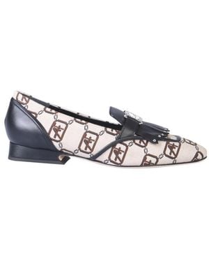 Alberta Ferretti Logo-Patterned Moccasins With Fringed Strap - White