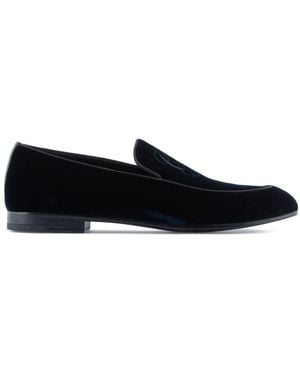 Giorgio Armani Embroidered Logo Velvet Loafers - Black