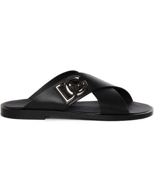 Dolce & Gabbana Kalfsleer Zwarte Sandalen Met Logo
