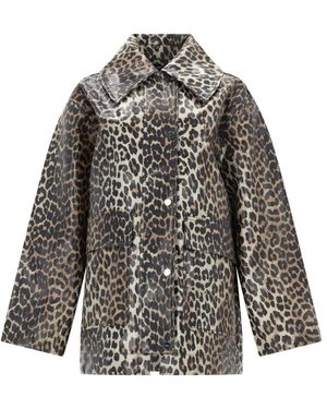 Ganni Leopard Laminated Cotton Jacket - Gray