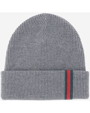 Gucci Wool Beanie With Webbed Ribbon - Gray