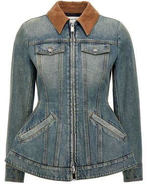 McQueen Fitted Delavé Denim Jacket With Flared Bottom - Blau