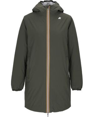 K-Way 3/4 Length Padded Jacket With Hood And Stripe Detail - Gray
