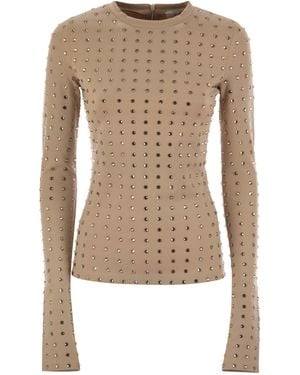 Sportmax Negus Scuba Jersey T Shirt With Rhinestones - Natural
