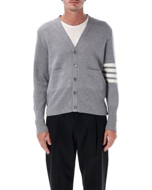 Thom Browne Wool V-Neck Cardigan With Signature Sleeve Stripe - Grey