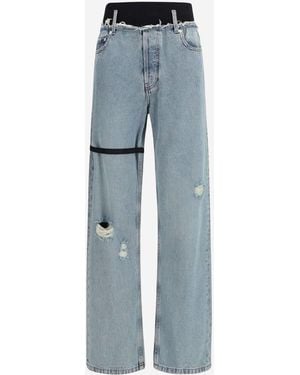 ALAINPAUL Wide Leg Cotton Jeans With Contrast Band - Blue