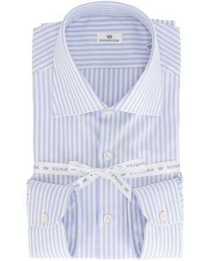 Sonrisa Classic Vertical Stripe Dress Shirt With Pointed Collar - Blue