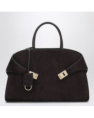 Ferragamo Hug Soft L Suede Shoulder Bag - Black