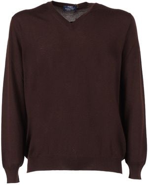 Fedeli V Neck L/S Knitted Jumper - Brown