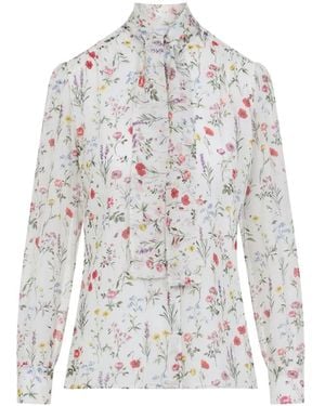 Giambattista Valli Silk Floral Print Shirt With Ruffled Front - Weiß
