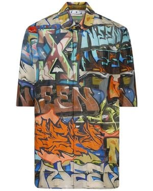Off-White c/o Virgil Abloh Graffiti-Inspired Short Sleeve Neen Allover Shirt - Blue