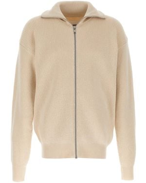 Jil Sander Ribbed High Neck Zip Closure Cotton Cardigan - Natural