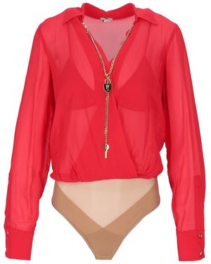 Elisabetta Franchi Sheer Long-Sleeved Chain Bodysuit - Red