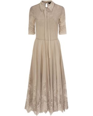 Fabiana Filippi Long Lace Dress With Embellished Collar And Bow - Natural