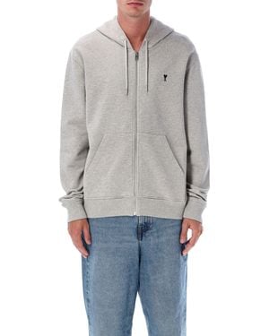Ami Paris Zip-Front Loopback Cotton Hoodie With Of Coeur Embroidery - Gray