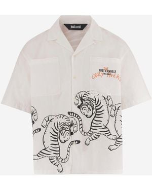 Just Cavalli Cotton Shirt With Tiger Print And Logo - White