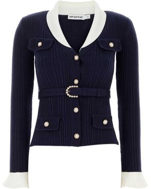 Self-Portrait Pearl-Button Belted Ribbed Knit Cardigan - Blue
