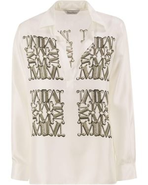 Max Mara Mxmfiltro Silk Shirt With Monogram Print - Natural