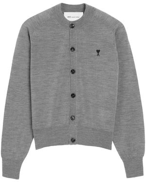 Ami Paris Cardigan Aus Wolle Mit Stickerei - Grau