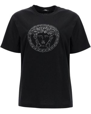 Versace T Shirt Con Ricamo Medusa-Donna - Nero