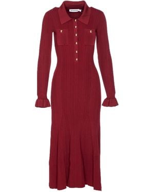 Self-Portrait Burgundy Ribbed Knit Midi Dress With Ruffled Cuffs - Red