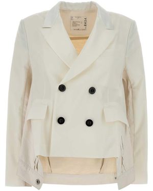Sacai Ivory Twill And Denim Blazer - White