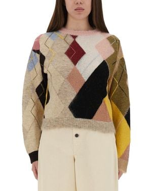 Moschino Diamond Pattern Knit Sweater With Earthy Tones - Natural