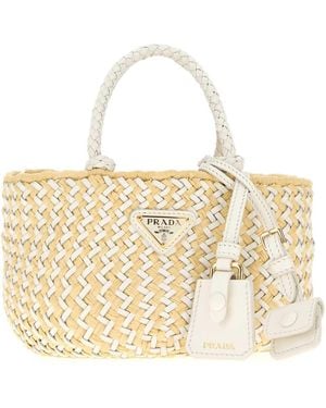 Prada Two Tone Leather And Raffia Handbag - Metallic